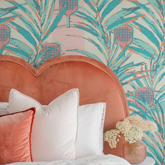 wallpaper Natural Textured Eco-Friendly Non-toxic High-quality  Sustainable Interior Design Bold Custom Tailor-made Retro chic Bold tropical coastal sport pickleball palm leaf kids game gameroom garden botanical Vacation home styling Retreat Relaxed beach vibes pink paddles preppy grasscloth