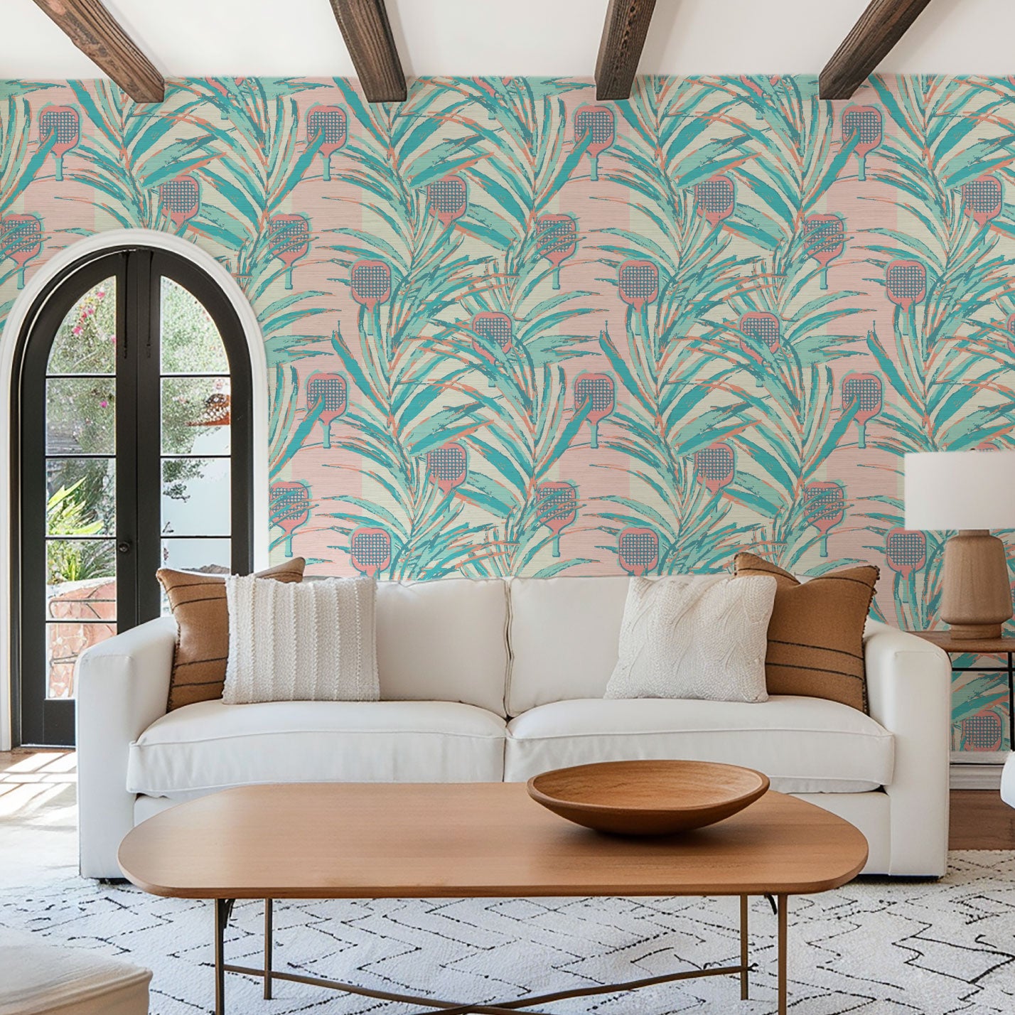 wallpaper Natural Textured Eco-Friendly Non-toxic High-quality  Sustainable Interior Design Bold Custom Tailor-made Retro chic Bold tropical coastal sport pickleball palm leaf kids game gameroom garden botanical Vacation home styling Retreat Relaxed beach vibes pink paddles preppy grasscloth