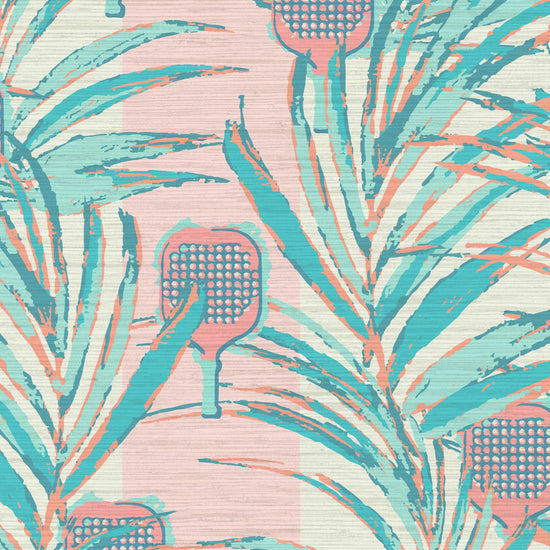 wallpaper Natural Textured Eco-Friendly Non-toxic High-quality  Sustainable Interior Design Bold Custom Tailor-made Retro chic Bold tropical coastal sport pickleball palm leaf kids game gameroom garden botanical Vacation home styling Retreat Relaxed beach vibes pink paddles preppy grasscloth