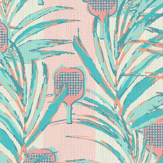 wallpaper Natural Textured Eco-Friendly Non-toxic High-quality  Sustainable Interior Design Bold Custom Tailor-made Retro chic Bold tropical coastal sport pickleball palm leaf kids game gameroom garden botanical Vacation home styling Retreat Relaxed beach vibes pink paddles preppy paperweave paper weave