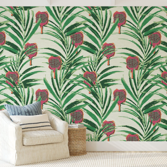 Grasscloth wallpaper Natural Textured Eco-Friendly Non-toxic High-quality  Sustainable Interior Design Bold Custom Tailor-made Retro chic Bold tropical coastal sport pickleball palm leaf kids game gameroom garden botanical Vacation home styling Retreat Relaxed beach vibes pink paddles preppy