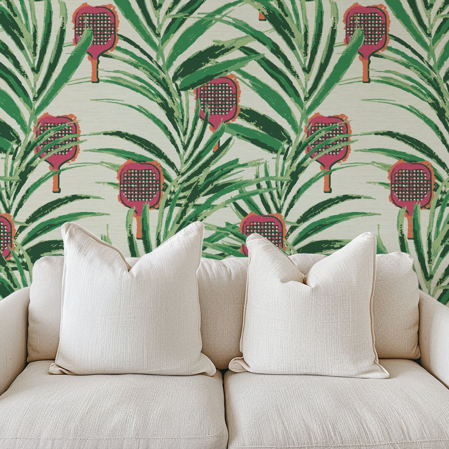 Grasscloth wallpaper Natural Textured Eco-Friendly Non-toxic High-quality  Sustainable Interior Design Bold Custom Tailor-made Retro chic Bold tropical coastal sport pickleball palm leaf kids game gameroom garden botanical Vacation home styling Retreat Relaxed beach vibes pink paddles preppy