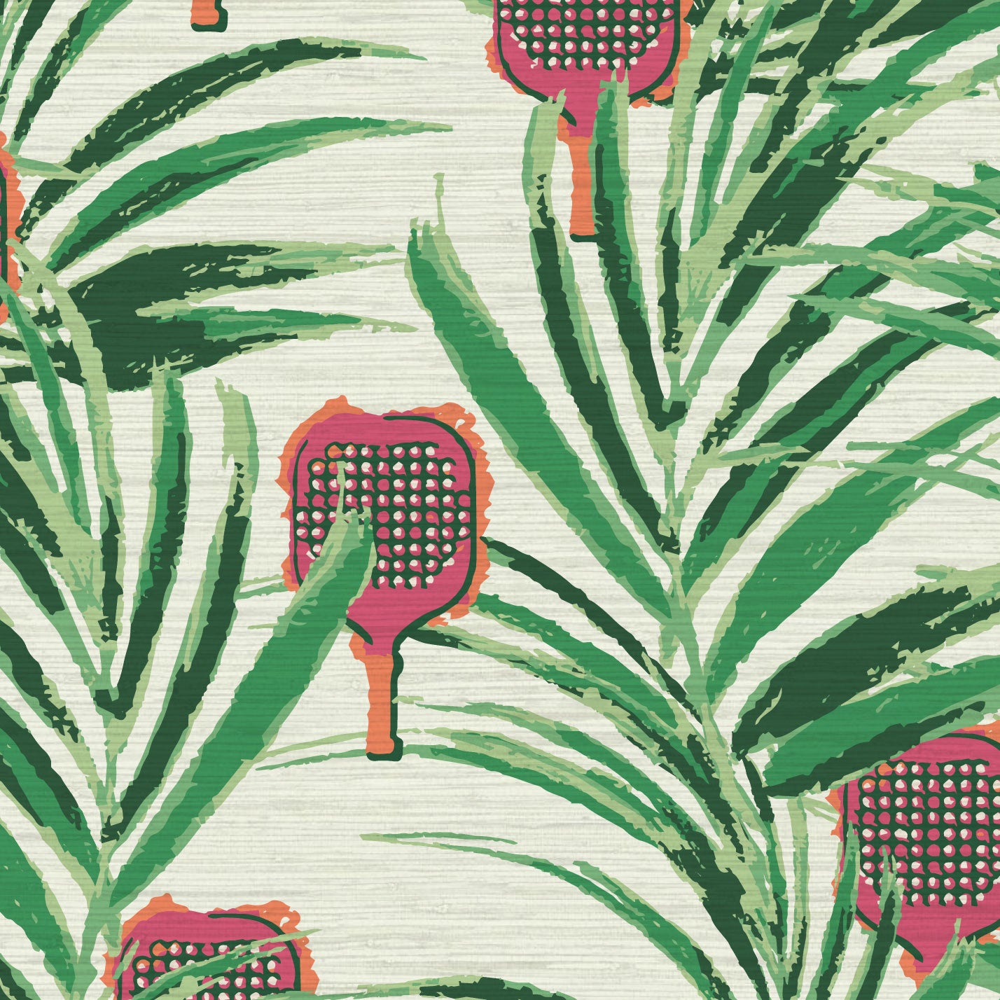 Grasscloth wallpaper Natural Textured Eco-Friendly Non-toxic High-quality  Sustainable Interior Design Bold Custom Tailor-made Retro chic Bold tropical coastal sport pickleball palm leaf kids game gameroom garden botanical Vacation home styling Retreat Relaxed beach vibes pink paddles preppy