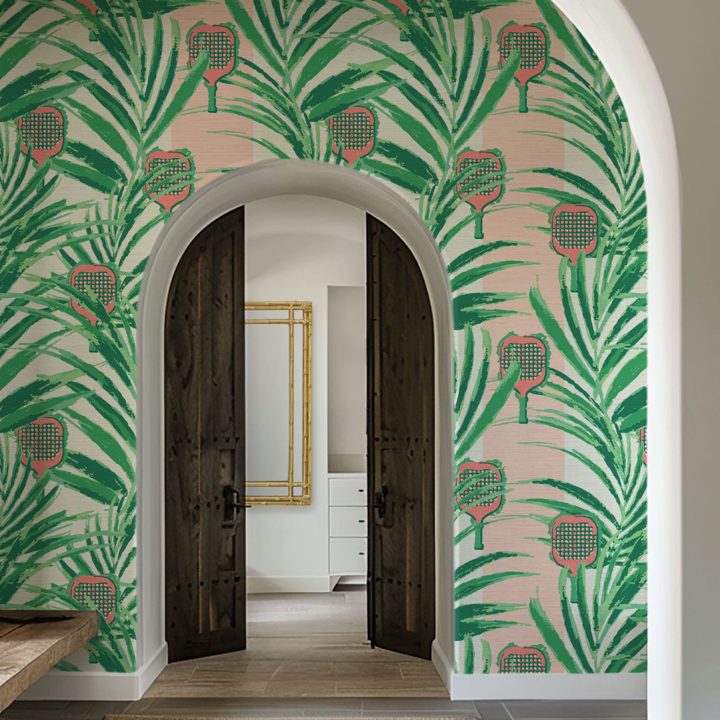 wallpaper Natural Textured Eco-Friendly Non-toxic High-quality  Sustainable Interior Design Bold Custom Tailor-made Retro chic Bold tropical coastal sport pickleball palm leaf kids game gameroom garden botanical Vacation home styling Retreat Relaxed beach vibes pink paddles preppy grasscloth