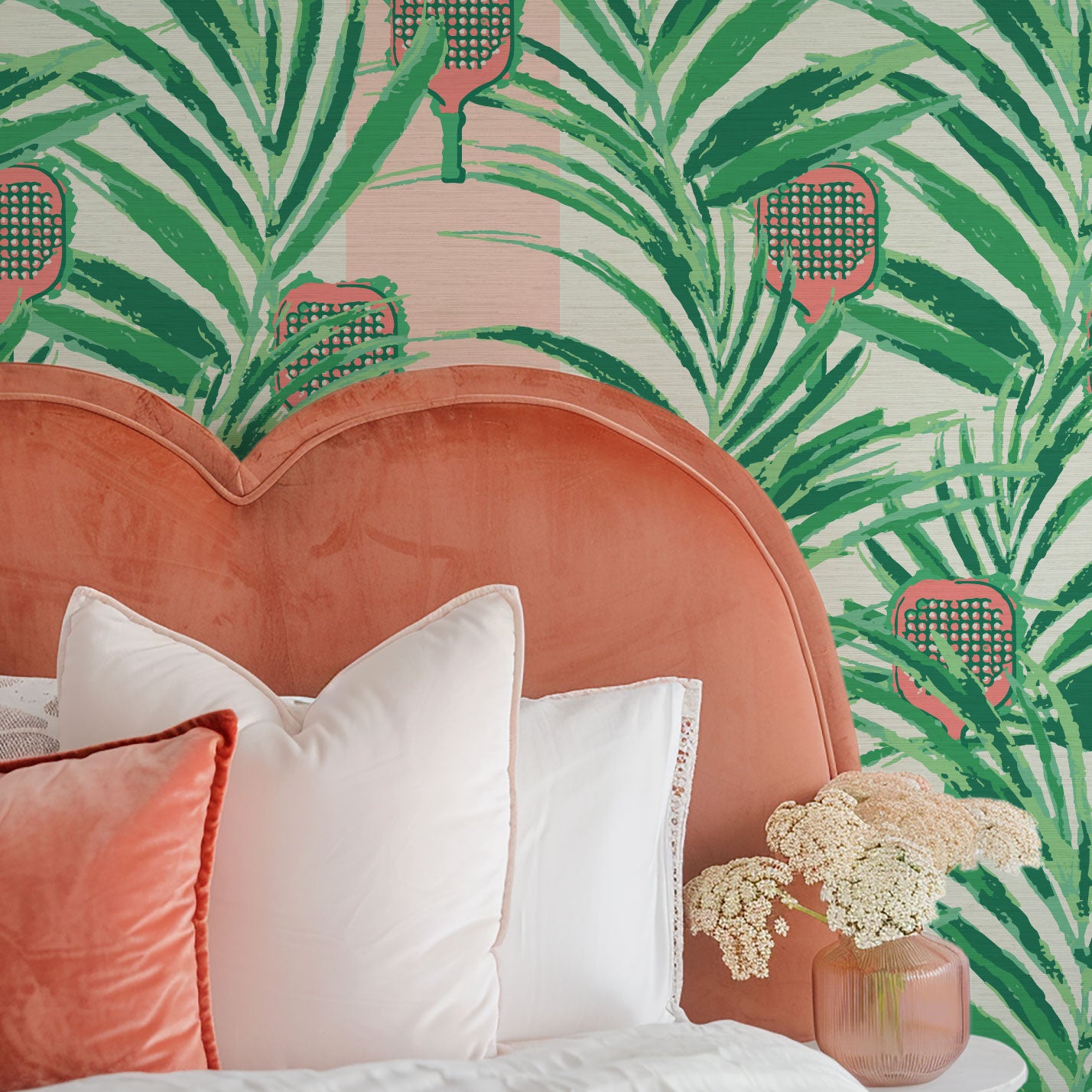 wallpaper Natural Textured Eco-Friendly Non-toxic High-quality  Sustainable Interior Design Bold Custom Tailor-made Retro chic Bold tropical coastal sport pickleball palm leaf kids game gameroom garden botanical Vacation home styling Retreat Relaxed beach vibes pink paddles preppy grasscloth