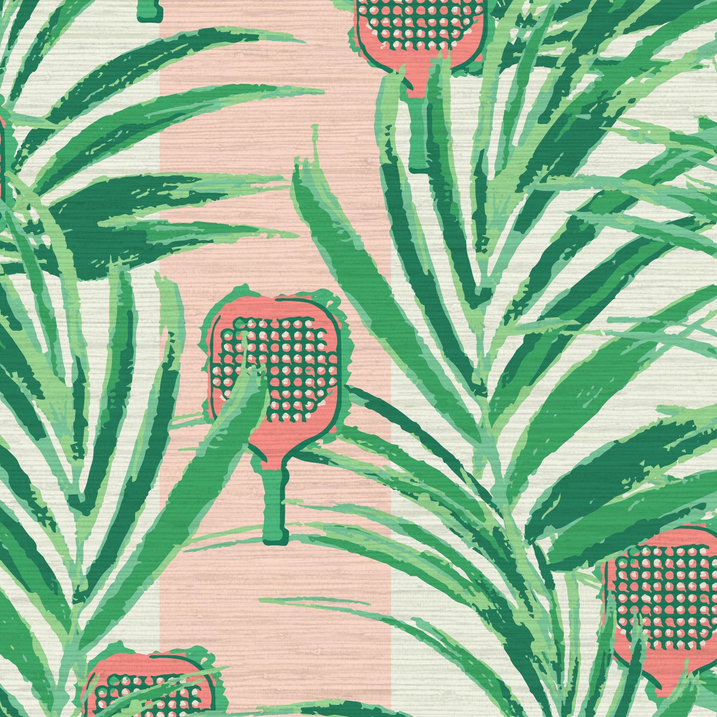 wallpaper Natural Textured Eco-Friendly Non-toxic High-quality  Sustainable Interior Design Bold Custom Tailor-made Retro chic Bold tropical coastal sport pickleball palm leaf kids game gameroom garden botanical Vacation home styling Retreat Relaxed beach vibes pink paddles preppy grasscloth