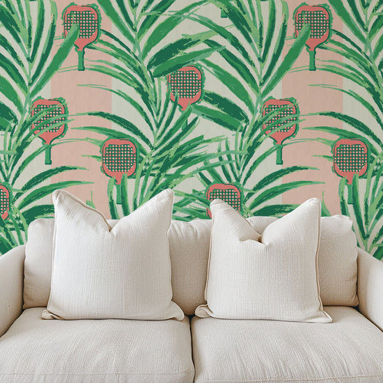 wallpaper Natural Textured Eco-Friendly Non-toxic High-quality  Sustainable Interior Design Bold Custom Tailor-made Retro chic Bold tropical coastal sport pickleball palm leaf kids game gameroom garden botanical Vacation home styling Retreat Relaxed beach vibes pink paddles preppy paperweave paper weave