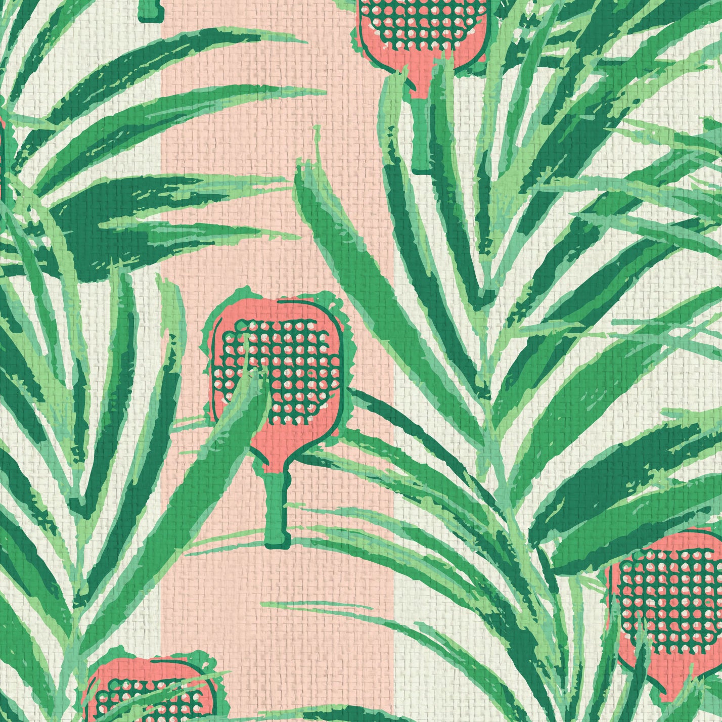 wallpaper Natural Textured Eco-Friendly Non-toxic High-quality  Sustainable Interior Design Bold Custom Tailor-made Retro chic Bold tropical coastal sport pickleball palm leaf kids game gameroom garden botanical Vacation home styling Retreat Relaxed beach vibes pink paddles preppy paperweave paper weave