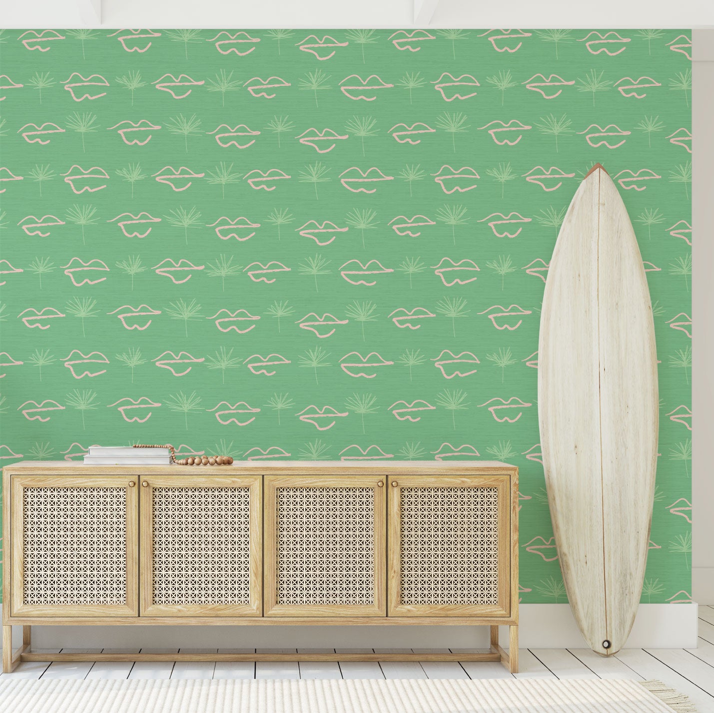 Grasscloth wallpaper Natural Textured Eco-Friendly Non-toxic High-quality Sustainable Interior Design Bold Custom Tailor-made Retro chic Bold Salon Beauty lips Botox jungle bold stripe lips jungle tropical makeup pink green teal palm tree entrance foyer surf