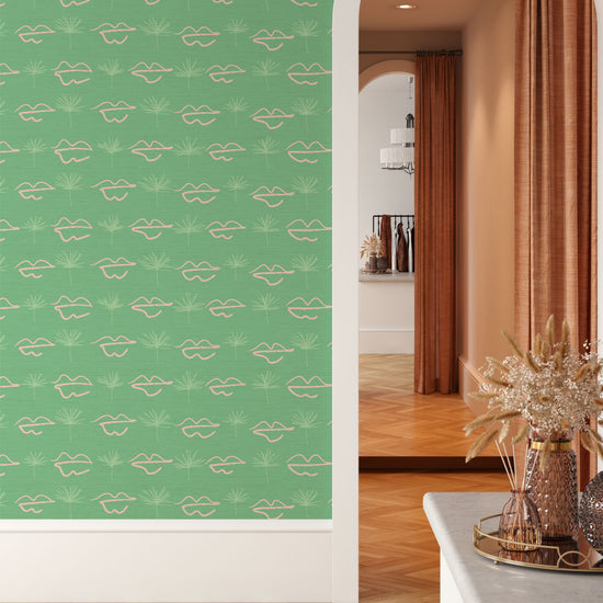 Grasscloth wallpaper Natural Textured Eco-Friendly Non-toxic High-quality Sustainable Interior Design Bold Custom Tailor-made Retro chic Bold Salon Beauty lips Botox jungle bold stripe lips jungle tropical makeup pink green teal palm tree