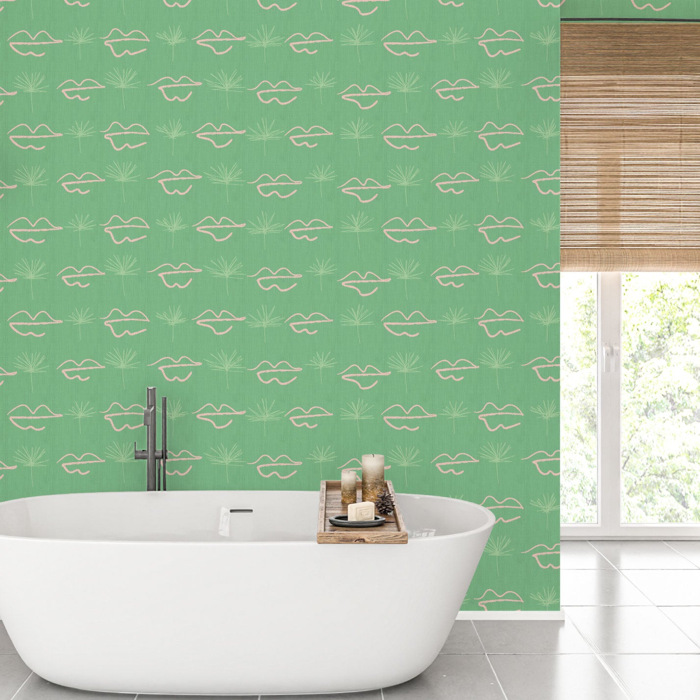 wallpaper Natural Textured Eco-Friendly Non-toxic High-quality Sustainable Interior Design Bold Custom Tailor-made Retro chic Bold Salon Beauty lips Botox jungle bold stripe lips jungle tropical makeup pink green teal palm tree paperweave paper weave