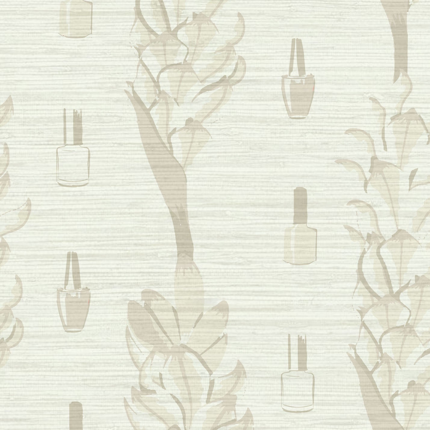 tan based grasscloth wallpaper printed with tonally darker nail polish bottles laid out in vertical stripes in between rows of floral vines of flowers