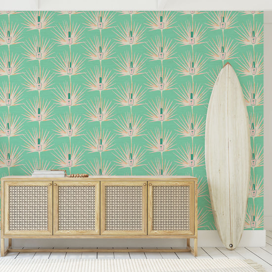 Grasscloth wallpaper Natural Textured Eco-Friendly Non-toxic High-quality  Sustainable Interior Design Bold Custom Tailor-made Retro chic Bold tropical jungle coastal botanical nail polish salon beauty bar makeup palm leaf stripe vertical grid mint green pink coral orange white