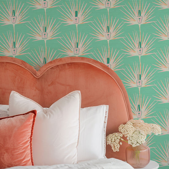 Grasscloth wallpaper Natural Textured Eco-Friendly Non-toxic High-quality  Sustainable Interior Design Bold Custom Tailor-made Retro chic Bold tropical jungle coastal botanical nail polish salon beauty bar makeup palm leaf stripe vertical grid mint green pink coral orange white