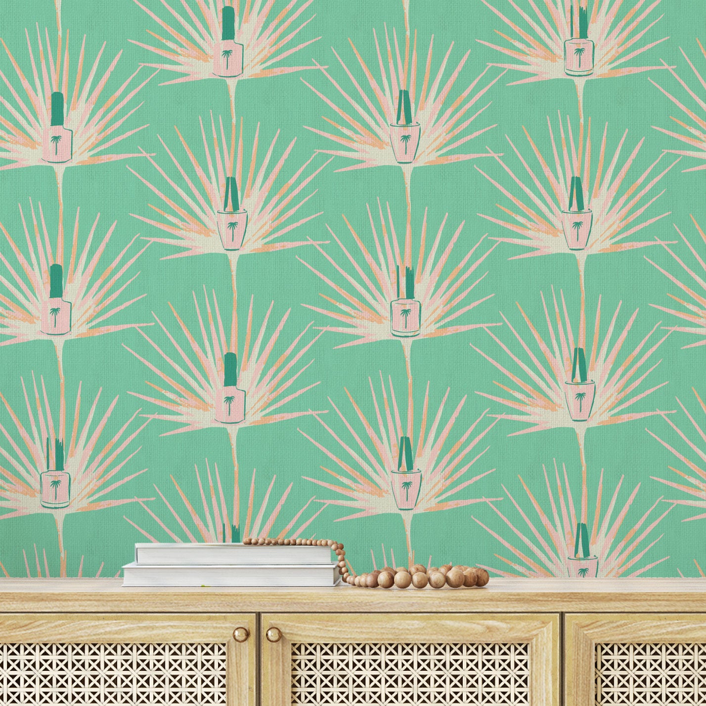 wallpaper Natural Textured Eco-Friendly Non-toxic High-quality  Sustainable Interior Design Bold Custom Tailor-made Retro chic Bold tropical jungle coastal botanical nail polish salon beauty bar makeup palm leaf stripe vertical grid mint green pink coral orange white paperweave paper weave