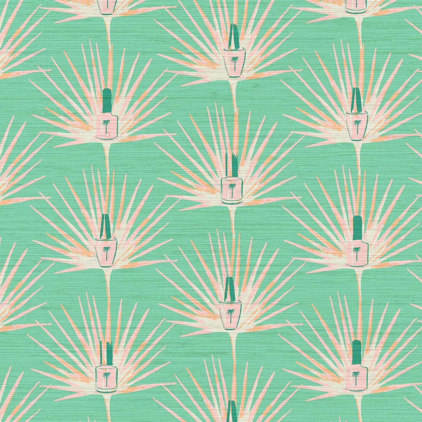 Load image into Gallery viewer, bright green printed grasscloth wallpaper featuring light pink, coral and orange palm leaves arranged in a vertical stripe layout with a bottle of nail polish in the middle.
