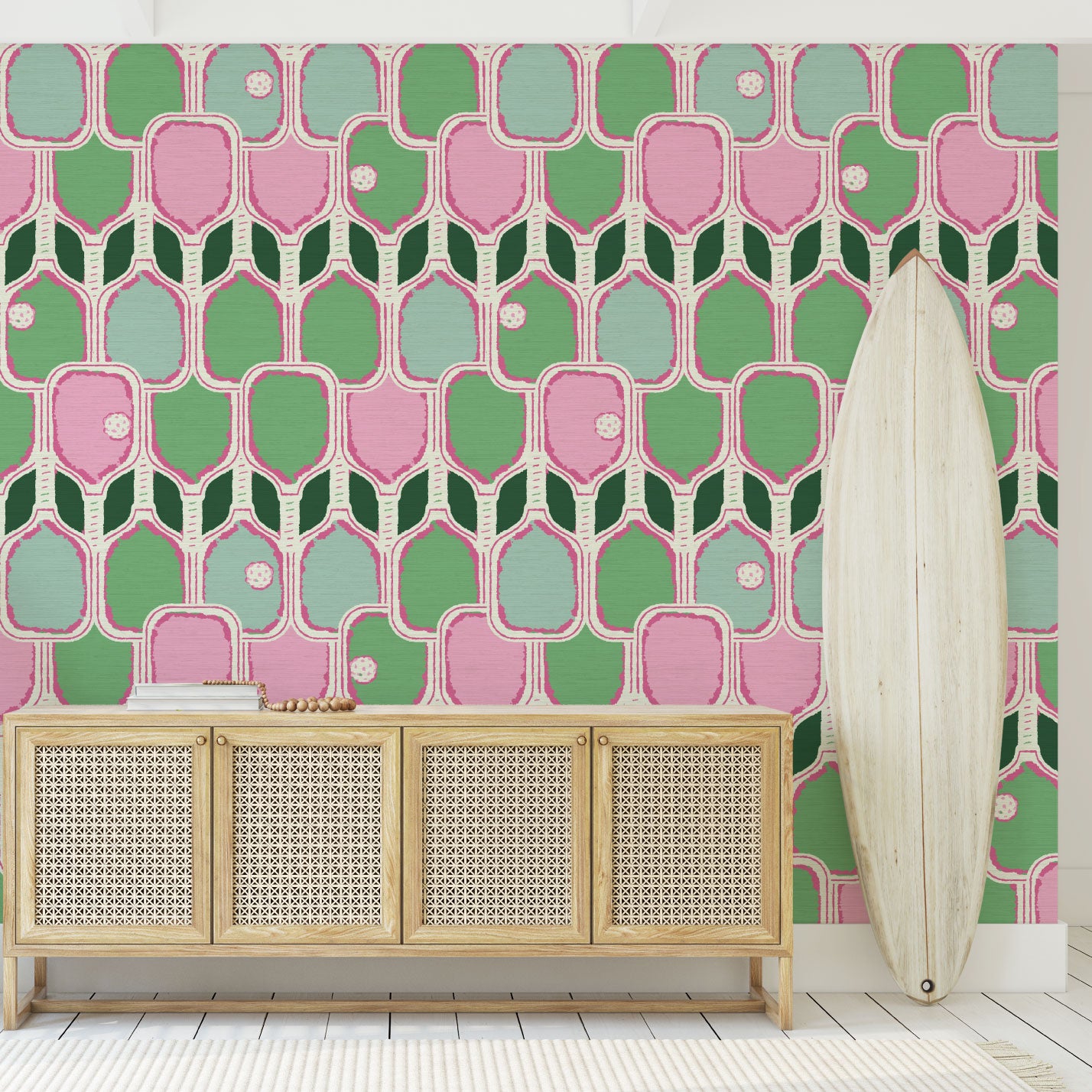 Grasscloth wallpaper Natural Textured Eco-Friendly Non-toxic High-quality Sustainable Interior Design Bold Custom Tailor-made Retro chic Tropical Jungle Coastal Cabana preppy Pickleball Sport gameroom kids stripe horizontal palm trees paddle pink hot pink kelly green mint teal