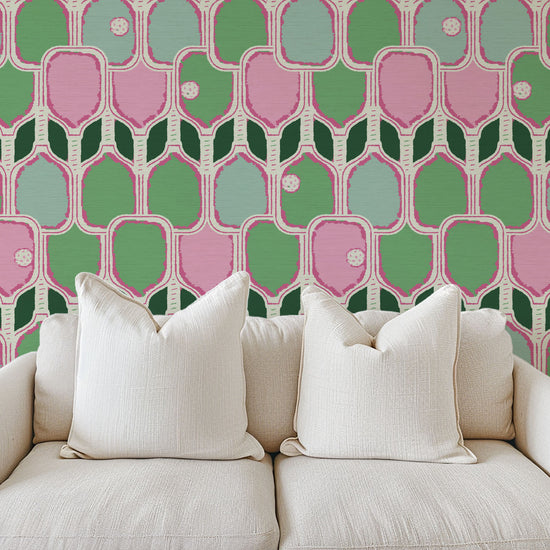 Grasscloth wallpaper Natural Textured Eco-Friendly Non-toxic High-quality Sustainable Interior Design Bold Custom Tailor-made Retro chic Tropical Jungle Coastal Cabana preppy Pickleball Sport gameroom kids stripe horizontal palm trees paddle pink hot pink kelly green mint teal