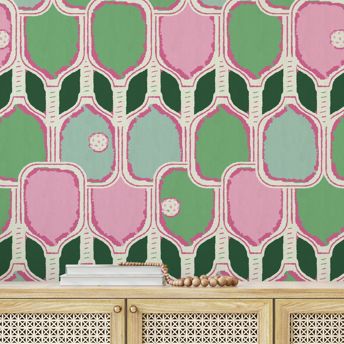 wallpaper Natural Textured Eco-Friendly Non-toxic High-quality Sustainable Interior Design Bold Custom Tailor-made Retro chic Tropical Jungle Coastal Cabana preppy Pickleball Sport gameroom kids stripe horizontal palm trees paddle pink hot pink kelly green mint teal paperweave paper weave