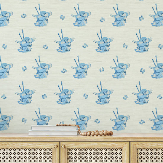Grasscloth wallpaper Natural Textured Eco-Friendly Non-toxic High-quality  Sustainable Interior Design Bold Custom Tailor-made Retro chic Grandmillennial Maximalism  Traditional Dopamine decor food chinese box asian inspired chopsticks fortune cookie restaurant take-out french blue royal white cream