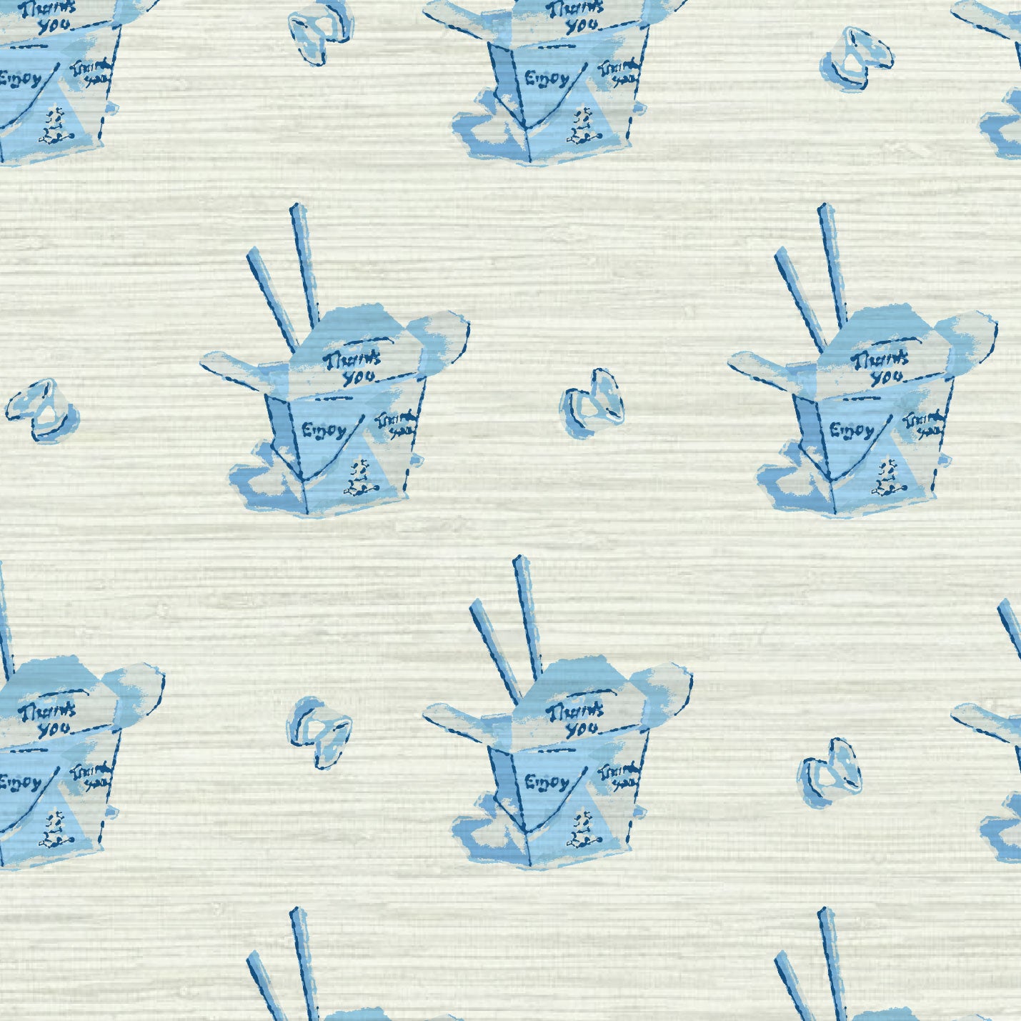 Grasscloth wallpaper Natural Textured Eco-Friendly Non-toxic High-quality  Sustainable Interior Design Bold Custom Tailor-made Retro chic Grandmillennial Maximalism  Traditional Dopamine decor food chinese box asian inspired chopsticks fortune cookie restaurant take-out french blue royal white cream