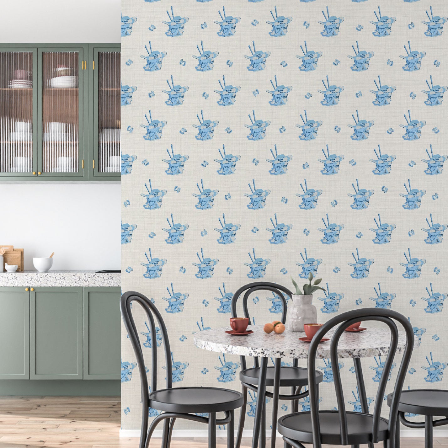 Need You Tonight Chinese Takeout Boxes Textured Performance Vinyl Wallpaper in Bonnie Bell blue