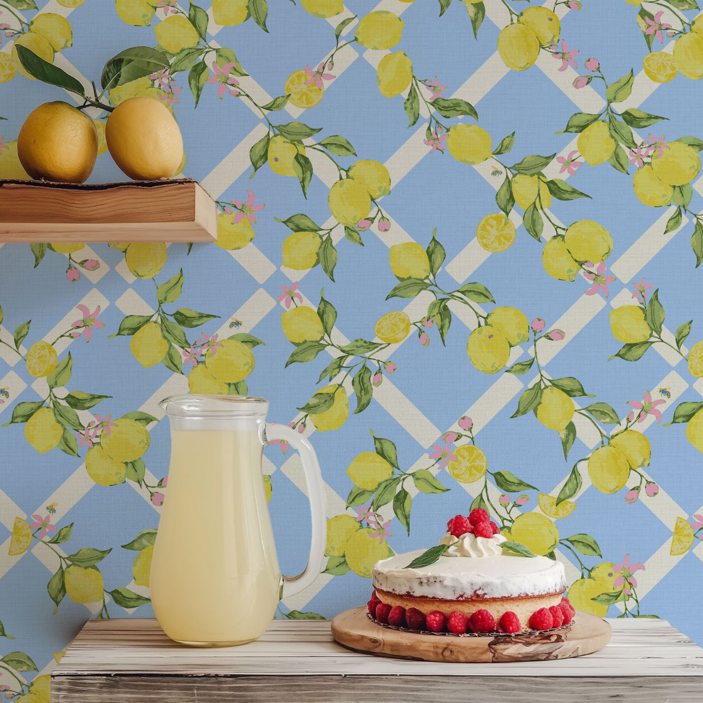 Never Tear Us Apart Lattice Lemons & Floral Textured Performance Vinyl Wallpaper in Bonnie Bell French Blue