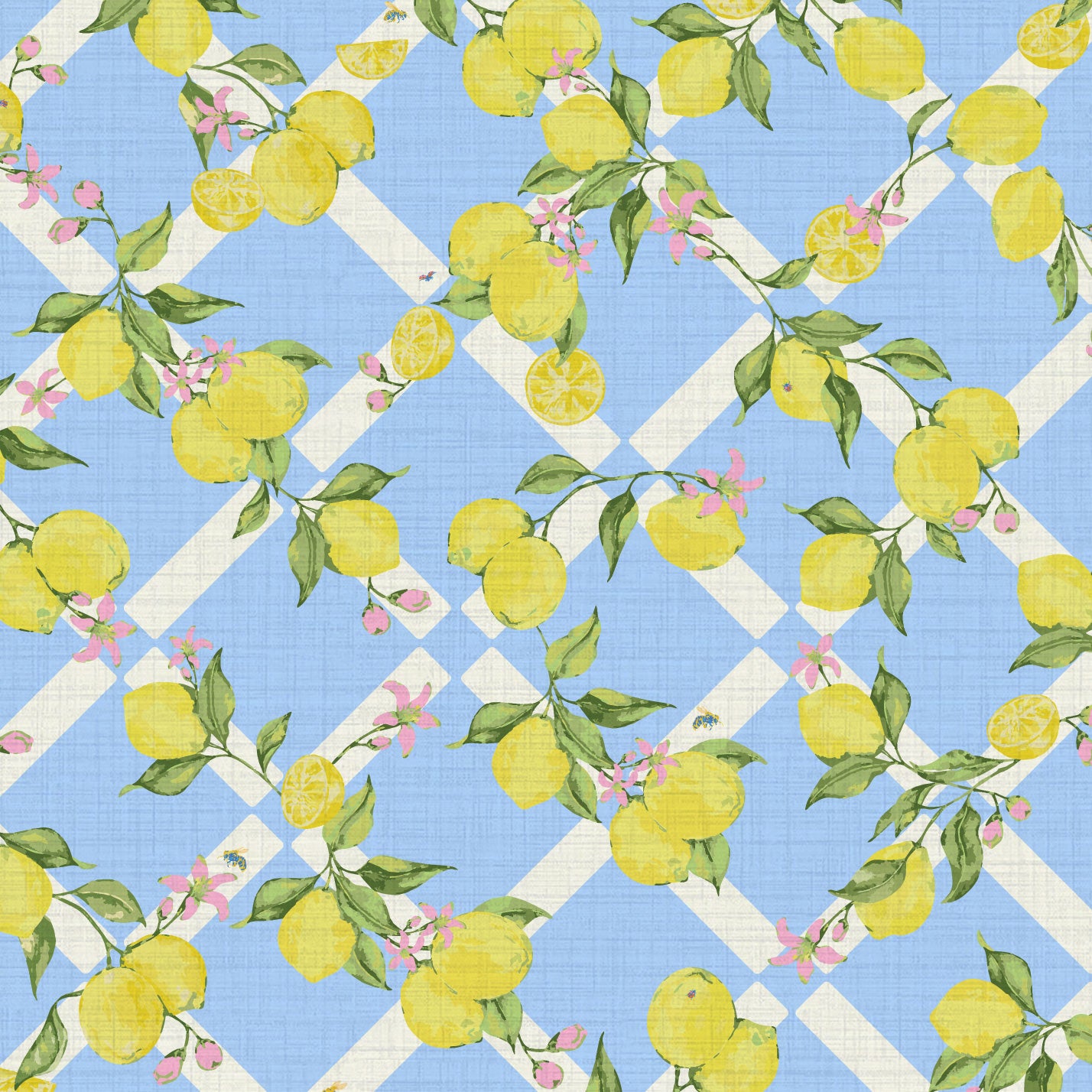 Never Tear Us Apart Lattice Lemons & Floral Textured Performance Vinyl Wallpaper in Bonnie Bell French Blue