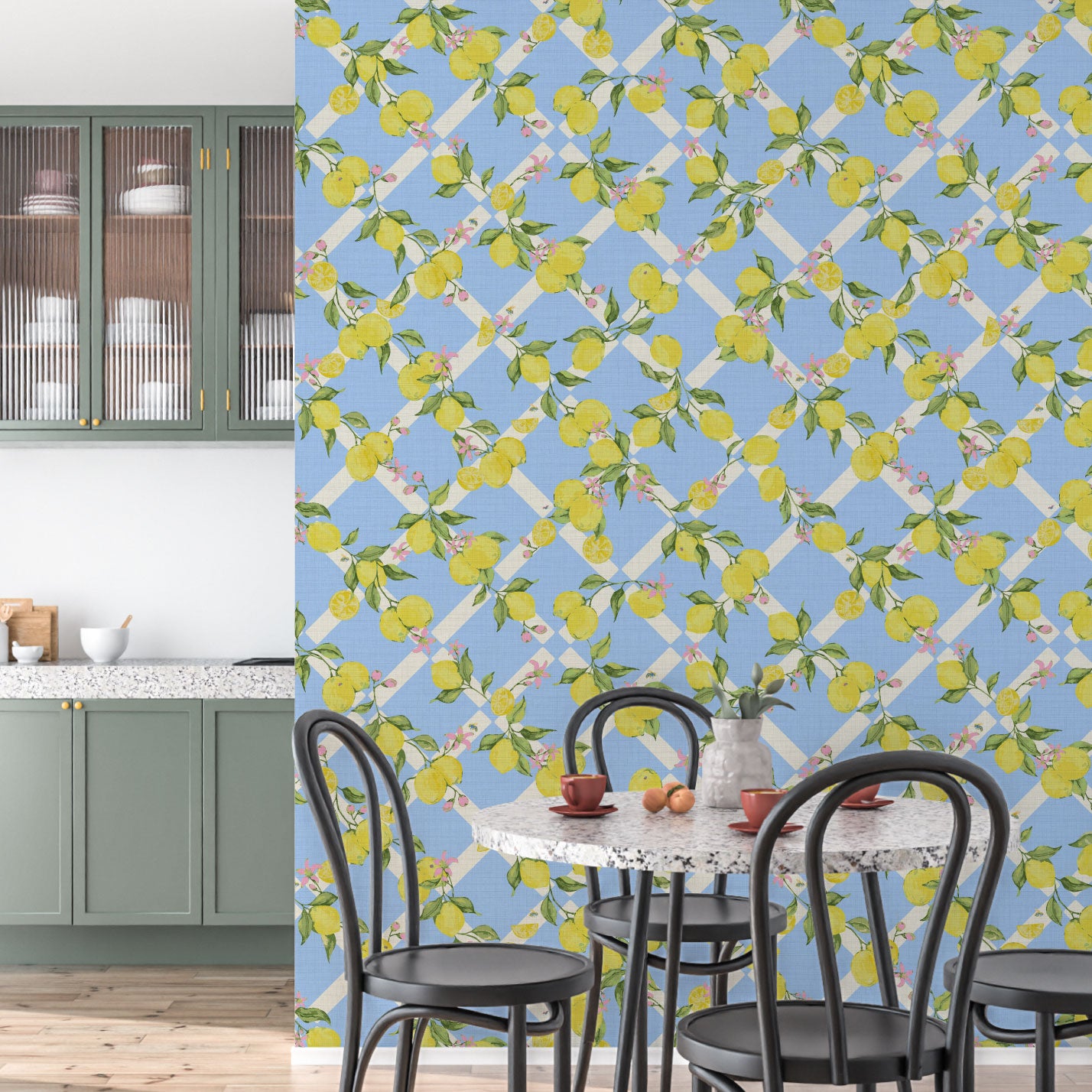 Never Tear Us Apart Lattice Lemons & Floral Textured Performance Vinyl Wallpaper in Bonnie Bell French Blue