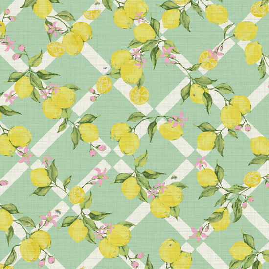 Never Tear Us Apart Lattice Lemons & Floral Textured Performance Vinyl Wallpaper in Mint Condition Green