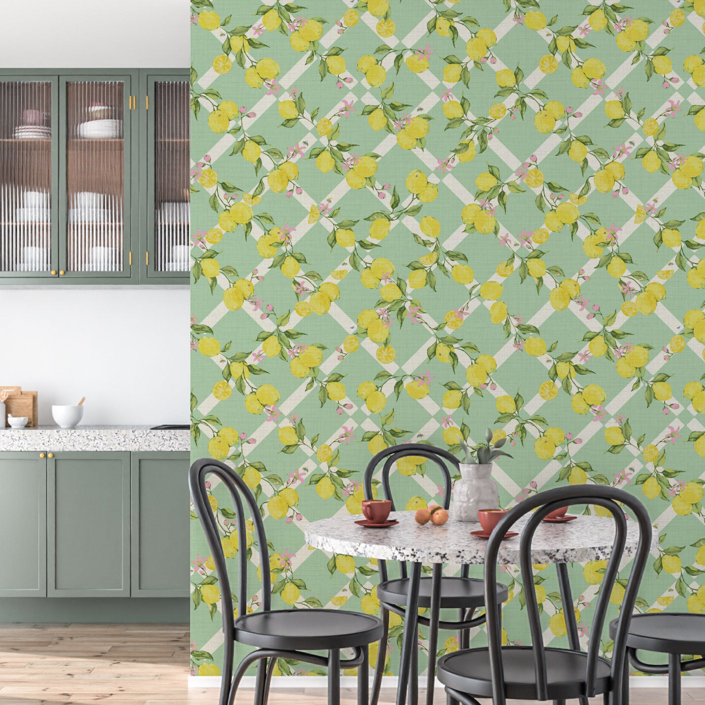 Never Tear Us Apart Lattice Lemons & Floral Textured Performance Vinyl Wallpaper in Mint Condition Green