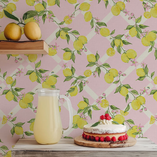 Never Tear Us Apart Lattice Lemons & Floral Textured Performance Vinyl Wallpaper in Pretty in Pink