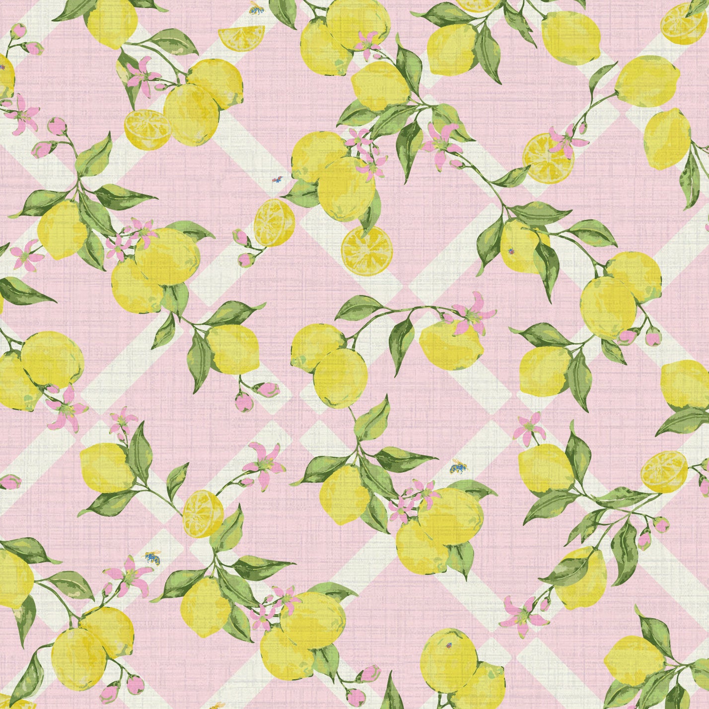 Never Tear Us Apart Lattice Lemons & Floral Textured Performance Vinyl Wallpaper in Pretty in Pink