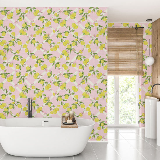 Never Tear Us Apart Lattice Lemons & Floral Textured Performance Vinyl Wallpaper in Pretty in Pink