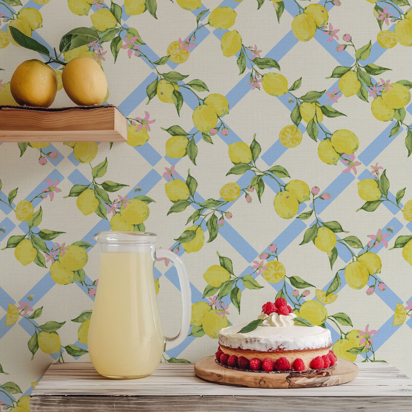 Never Tear Us Apart Lattice Lemons & Floral Textured Performance Vinyl Wallpaper in White Wedding