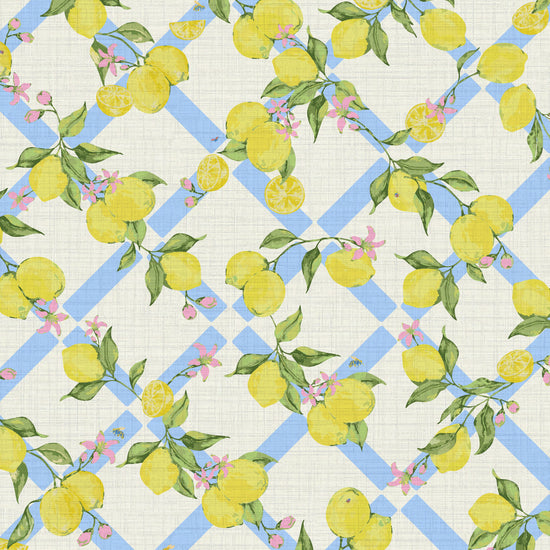 Never Tear Us Apart Lattice Lemons & Floral Textured Performance Vinyl Wallpaper in White Wedding