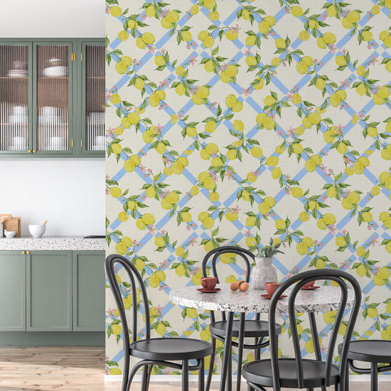 Never Tear Us Apart Lattice Lemons & Floral Textured Performance Vinyl Wallpaper in White Wedding