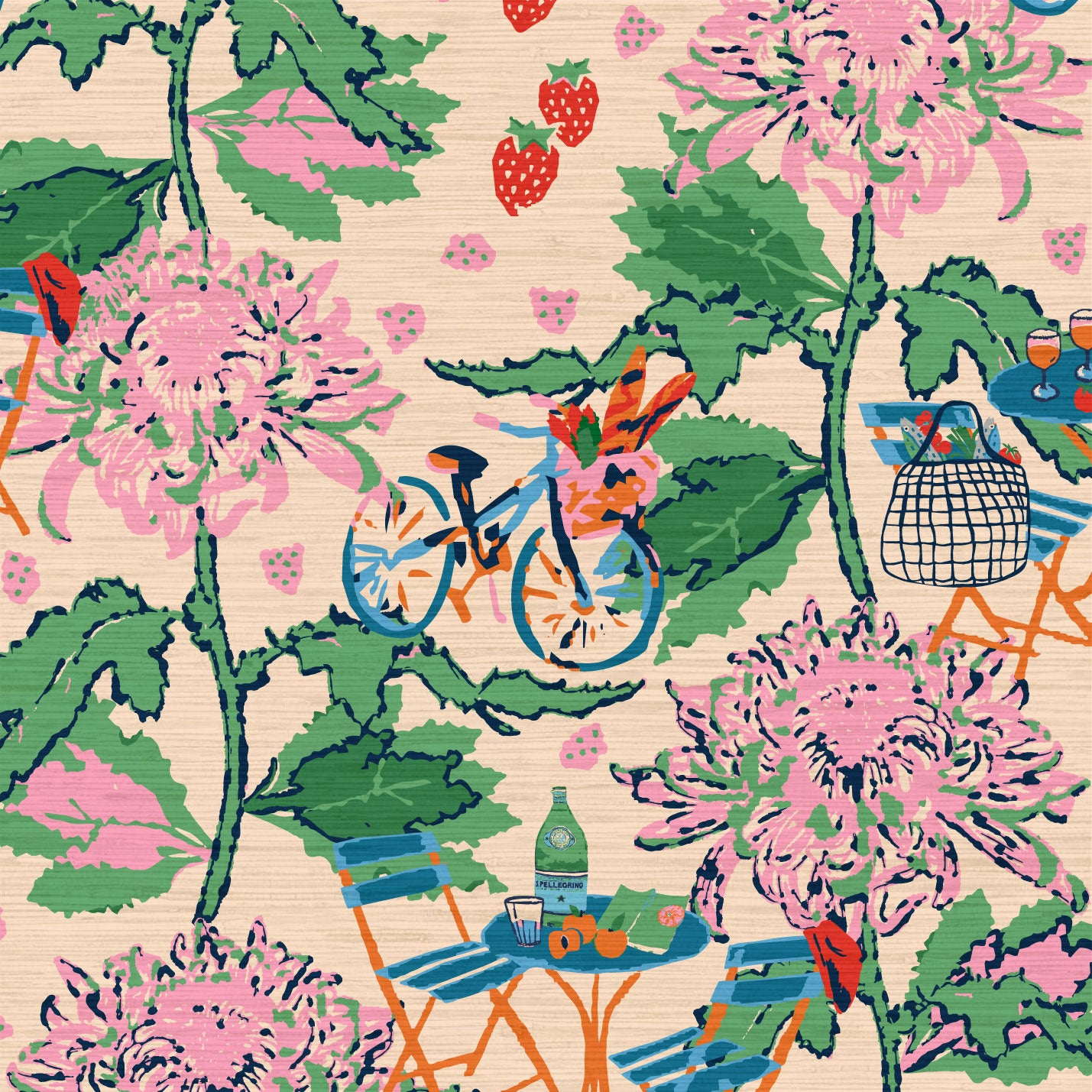 Printed grasscloth wallpaper inspired by the french market, off white base with linear pink florals arranged in vertical stripes.  filled in between are tiny scenes of bicycles with a basket full of market groceries, a bistro set of furniture featuring a bottle of pellegrino and glasses; mixed fruit scattered throughout the print. food fruit bistro chair table