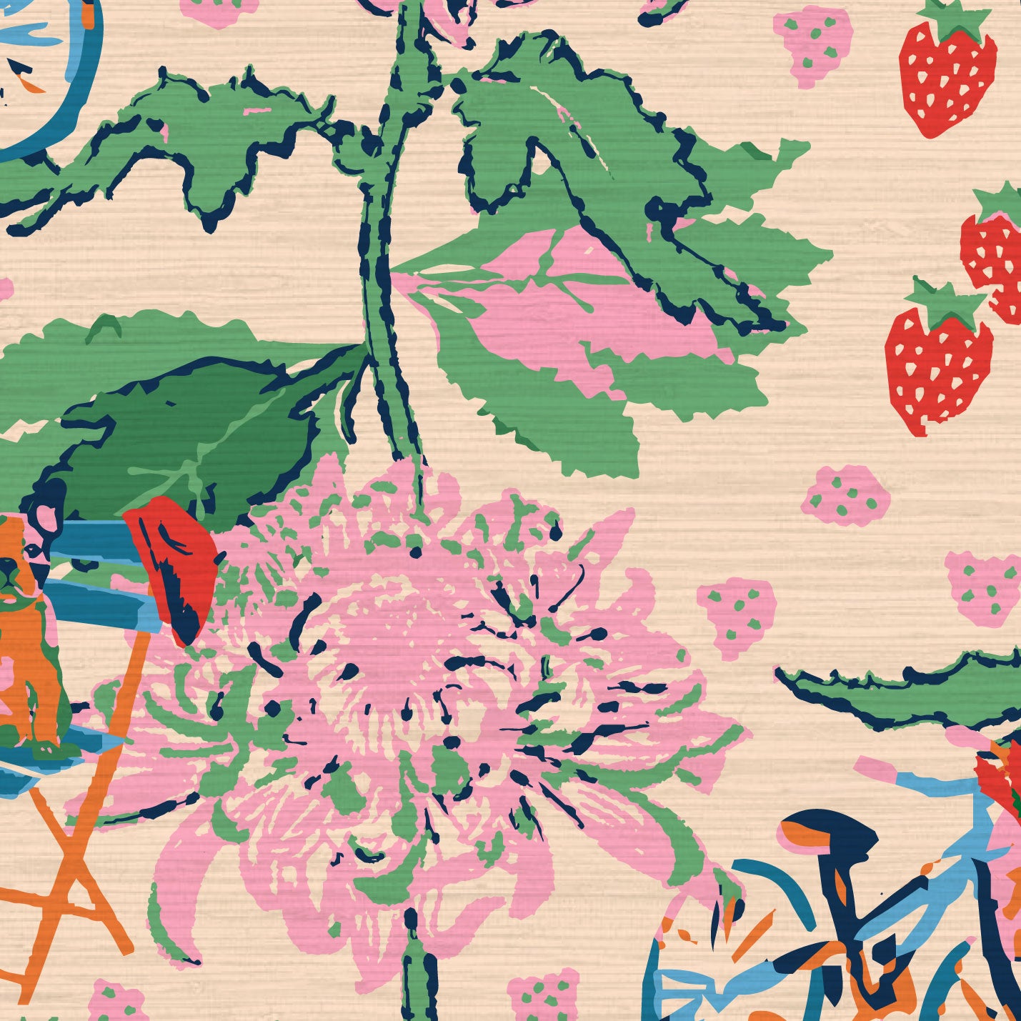Printed grasscloth wallpaper inspired by the french market, off white base with linear pink florals arranged in vertical stripes. filled in between are tiny scenes of bicycles with a basket full of market groceries, a bistro set of furniture featuring a bottle of pellegrino and glasses; mixed fruit scattered throughout the print. food fruit bistro chair table