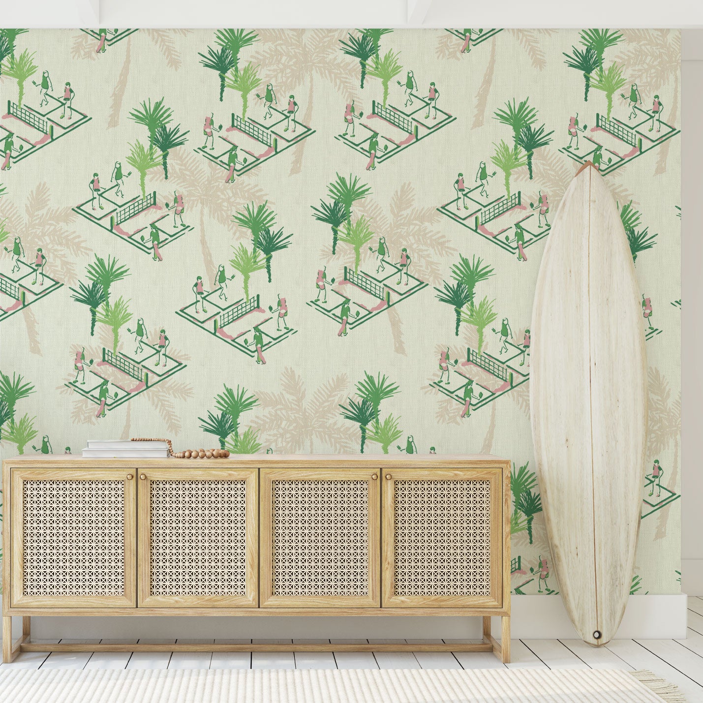 wallpaper Natural Textured Eco-Friendly Non-toxic High-quality Sustainable Interior Design Bold Custom Tailor-made Retro chic Bold tropical kid playroom palm tree botanical sport garden pickleball court players paddle preppy coastal vacation toile green cream tan neutral pink paperweave paper weave