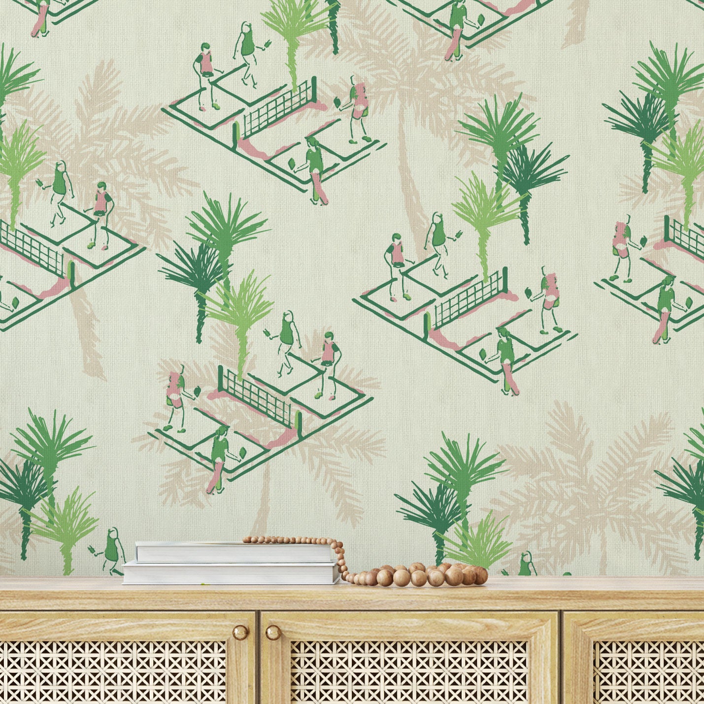 wallpaper Natural Textured Eco-Friendly Non-toxic High-quality  Sustainable Interior Design Bold Custom Tailor-made Retro chic Bold tropical kid playroom palm tree botanical sport garden pickleball court players paddle preppy coastal vacation  toile green cream tan neutral pink paperweave paper weave