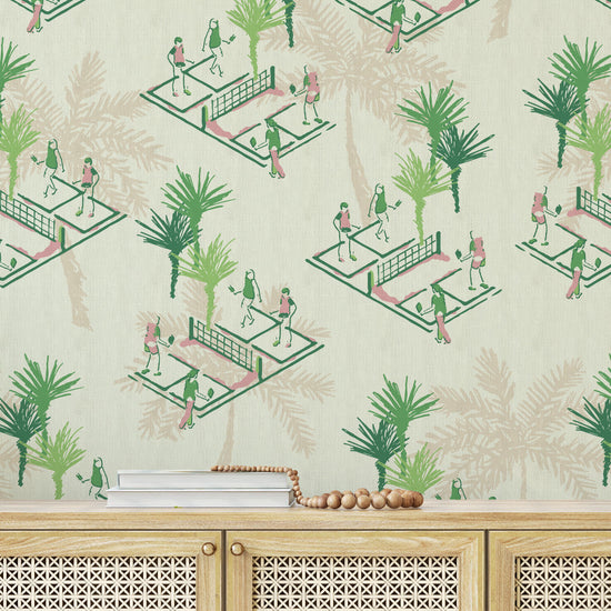 wallpaper Natural Textured Eco-Friendly Non-toxic High-quality  Sustainable Interior Design Bold Custom Tailor-made Retro chic Bold tropical kid playroom palm tree botanical sport garden pickleball court players paddle preppy coastal vacation  toile green cream tan neutral pink paperweave paper weave