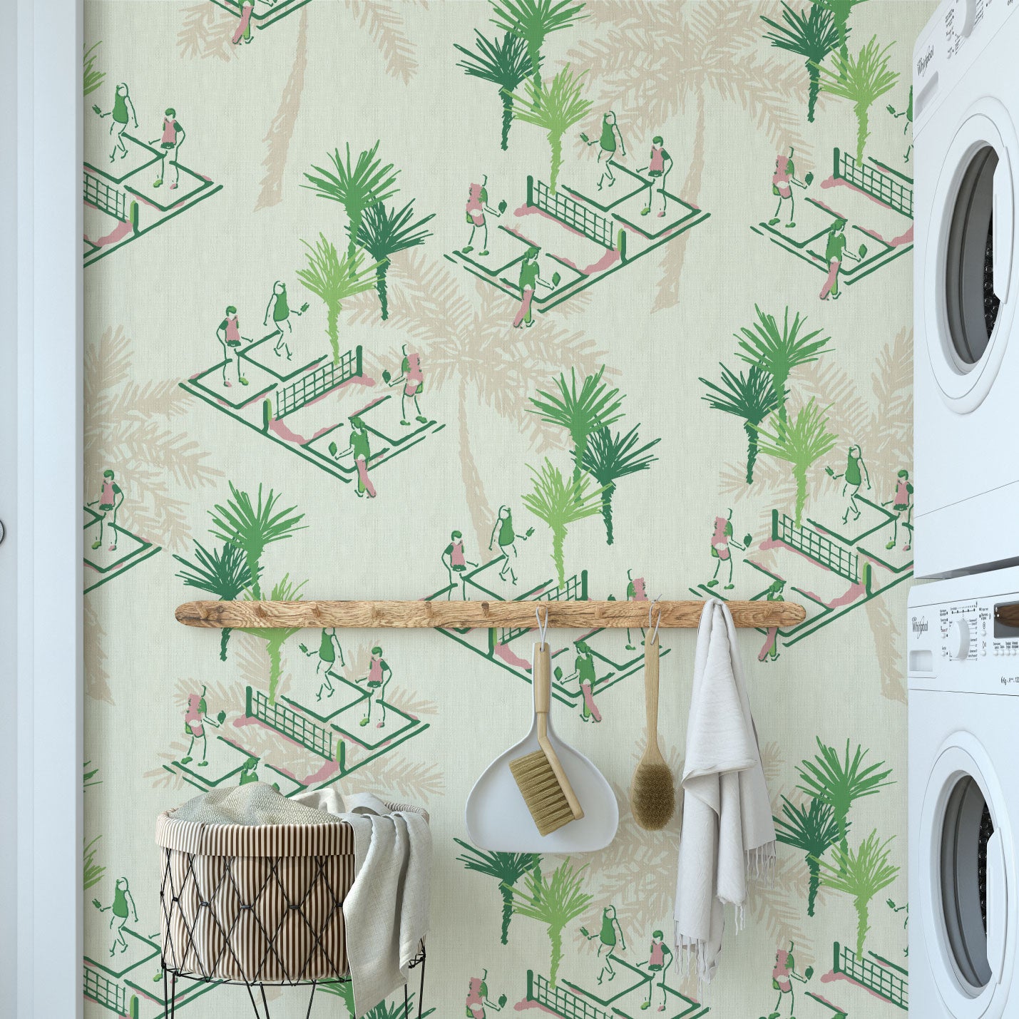 wallpaper Natural Textured Eco-Friendly Non-toxic High-quality  Sustainable Interior Design Bold Custom Tailor-made Retro chic Bold tropical kid playroom palm tree botanical sport garden pickleball court players paddle preppy coastal vacation  toile green cream tan neutral pink paperweave paper weave