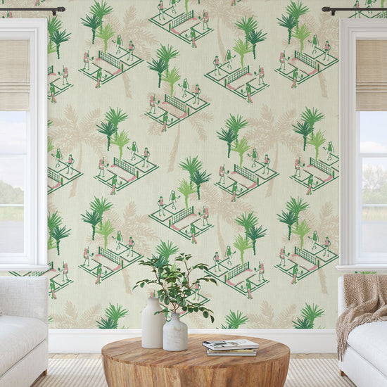 wallpaper Natural Textured Eco-Friendly Non-toxic High-quality  Sustainable Interior Design Bold Custom Tailor-made Retro chic Bold tropical kid playroom palm tree botanical sport garden pickleball court players paddle preppy coastal vacation  toile green cream tan neutral pink paperweave paper weave