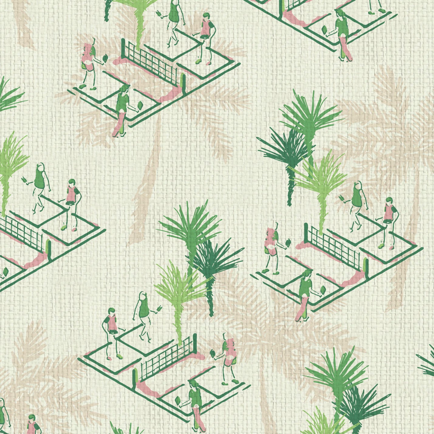 wallpaper Natural Textured Eco-Friendly Non-toxic High-quality  Sustainable Interior Design Bold Custom Tailor-made Retro chic Bold tropical kid playroom palm tree botanical sport garden pickleball court players paddle preppy coastal vacation  toile green cream tan neutral pink paperweave paper weave