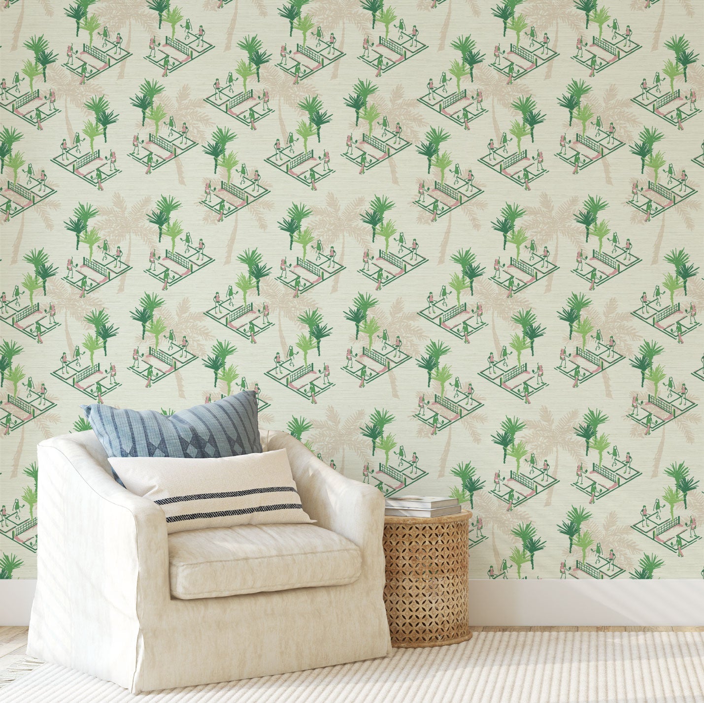 Grasscloth wallpaper Natural Textured Eco-Friendly Non-toxic High-quality  Sustainable Interior Design Bold Custom Tailor-made Retro chic Bold tropical kid playroom palm tree botanical sport garden pickleball court players paddle preppy coastal vacation  toile green cream tan neutral pink