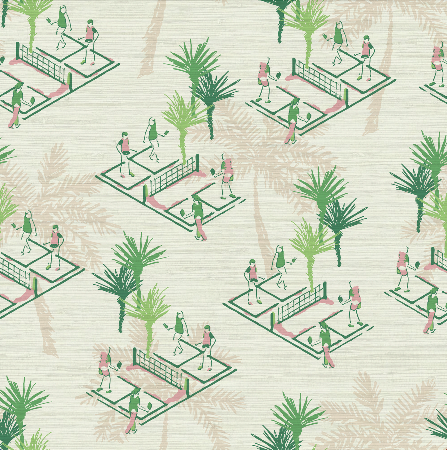 Grasscloth wallpaper Natural Textured Eco-Friendly Non-toxic High-quality  Sustainable Interior Design Bold Custom Tailor-made Retro chic Bold tropical kid playroom palm tree botanical sport garden pickleball court players paddle preppy coastal vacation  toile green cream tan neutral pink