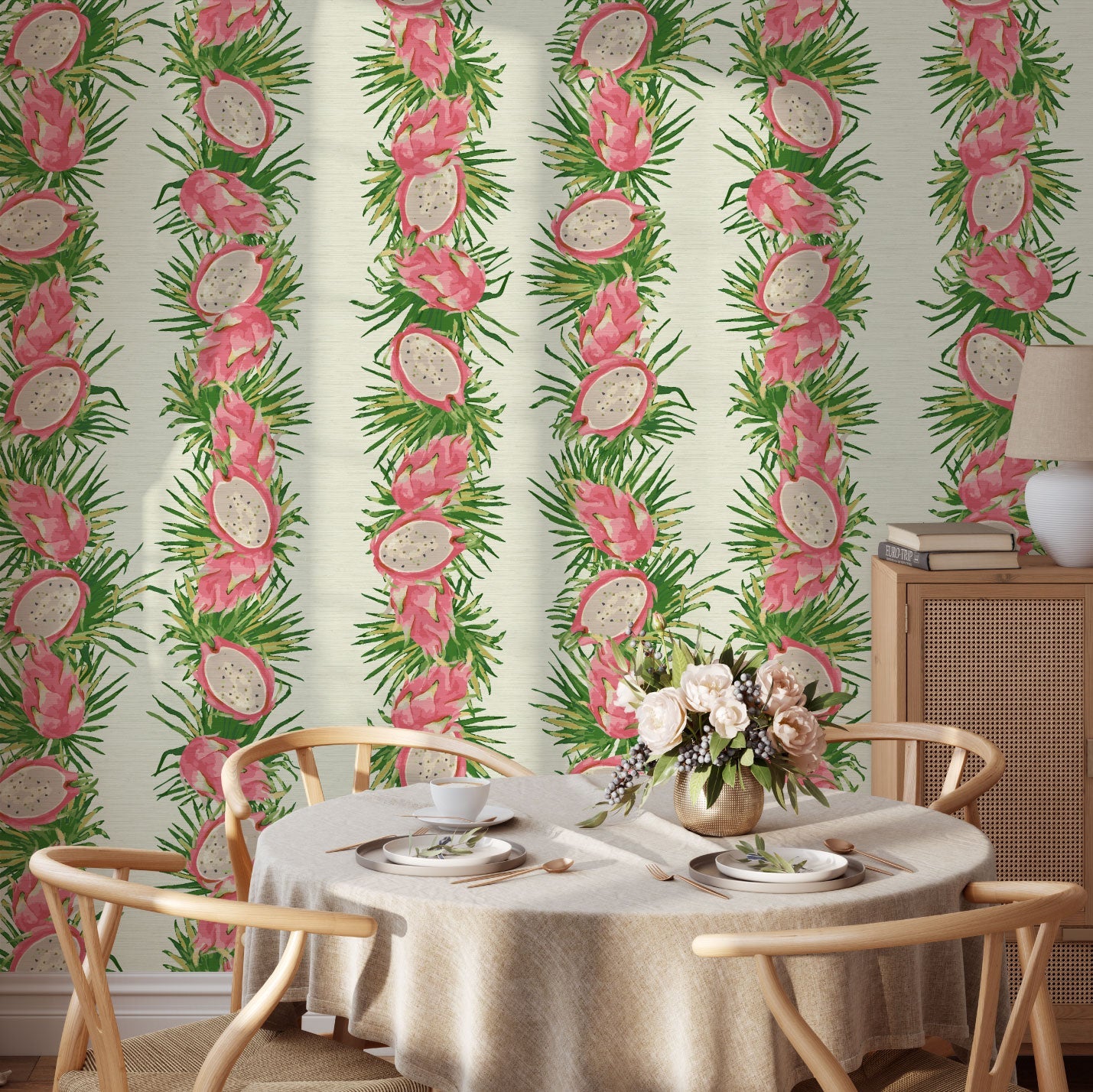 Passion Play Pink Tropical Fruit Striped Wallpaper