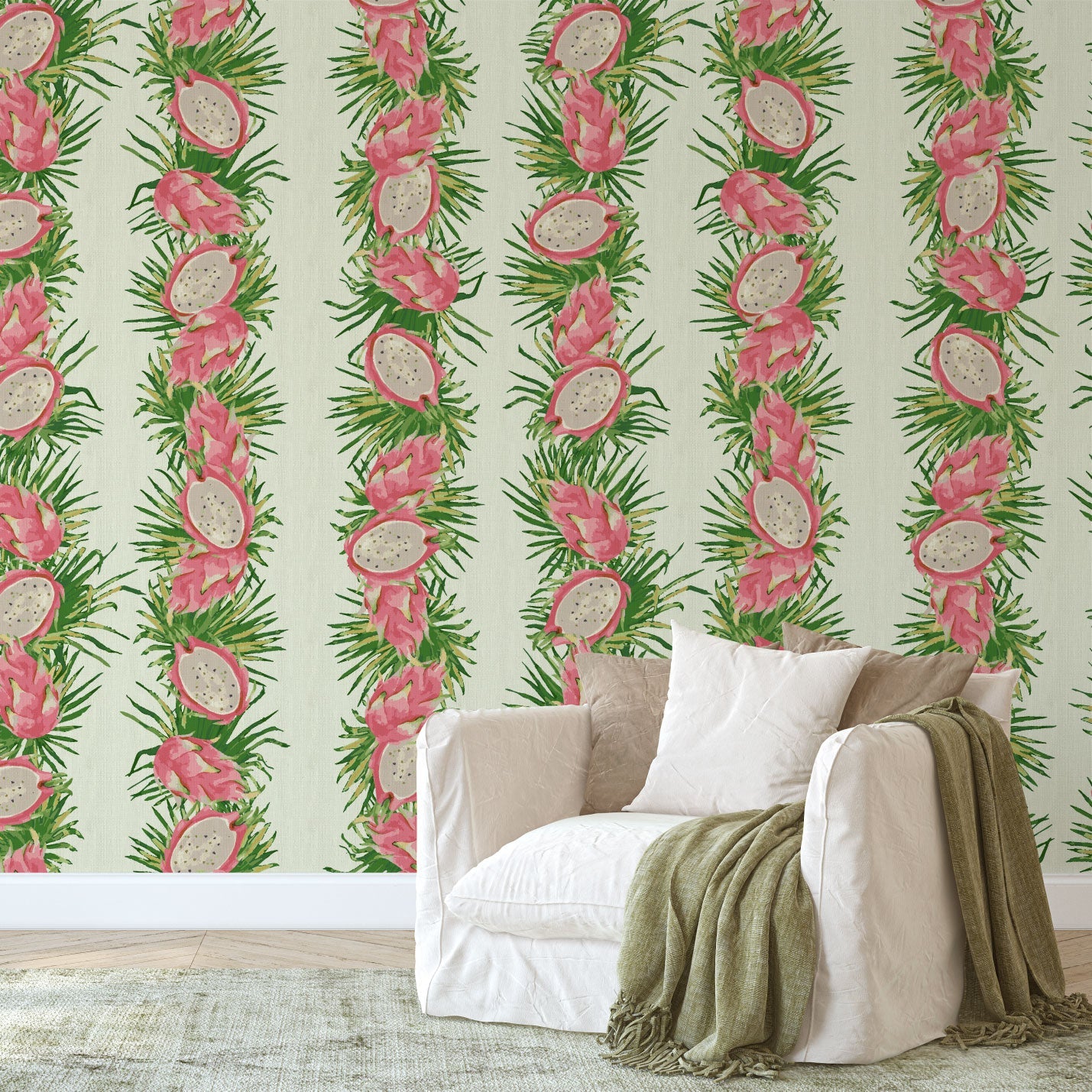 Passion Play Pink Tropical Fruit Striped Wallpaper