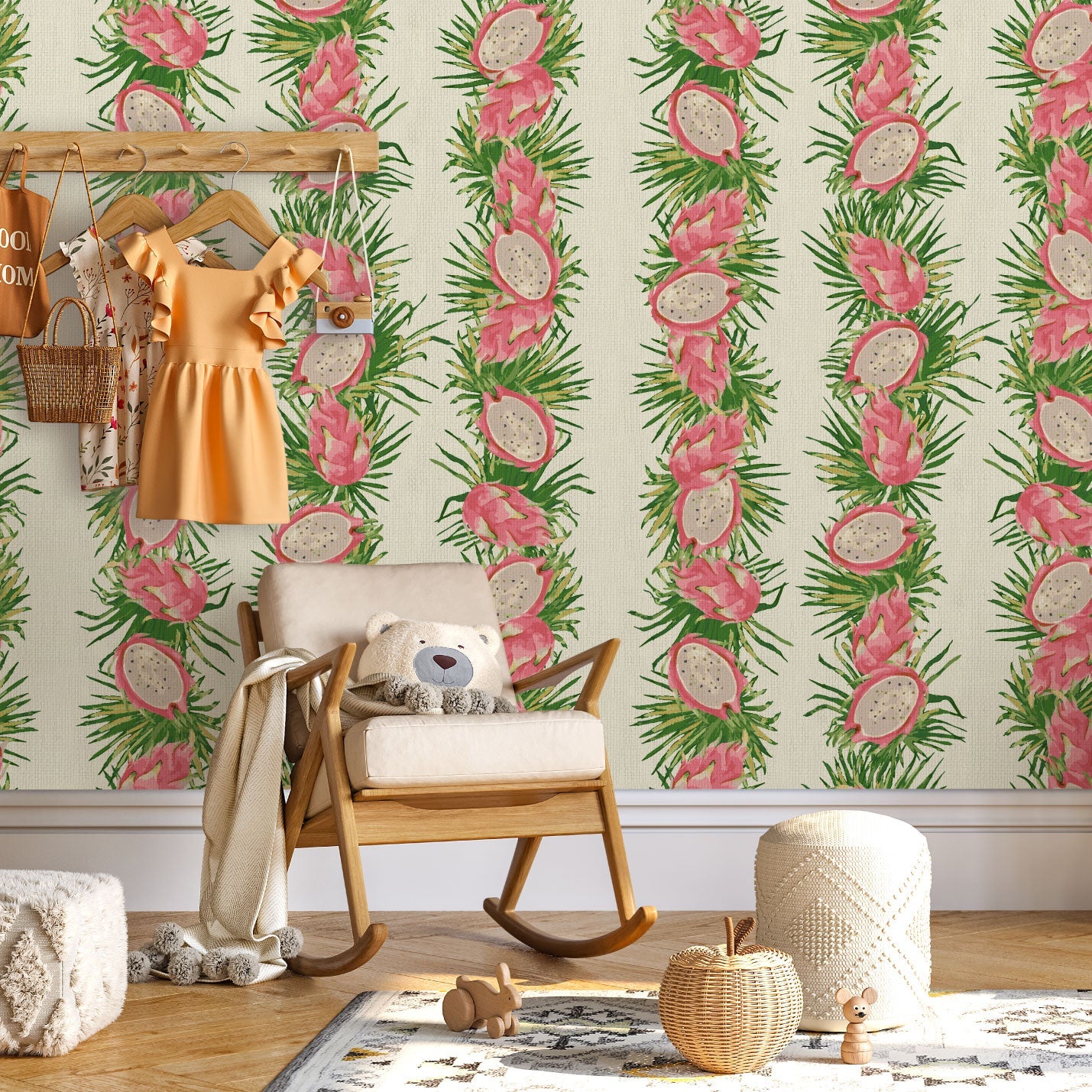 Passion Play Pink Tropical Fruit Striped Wallpaper